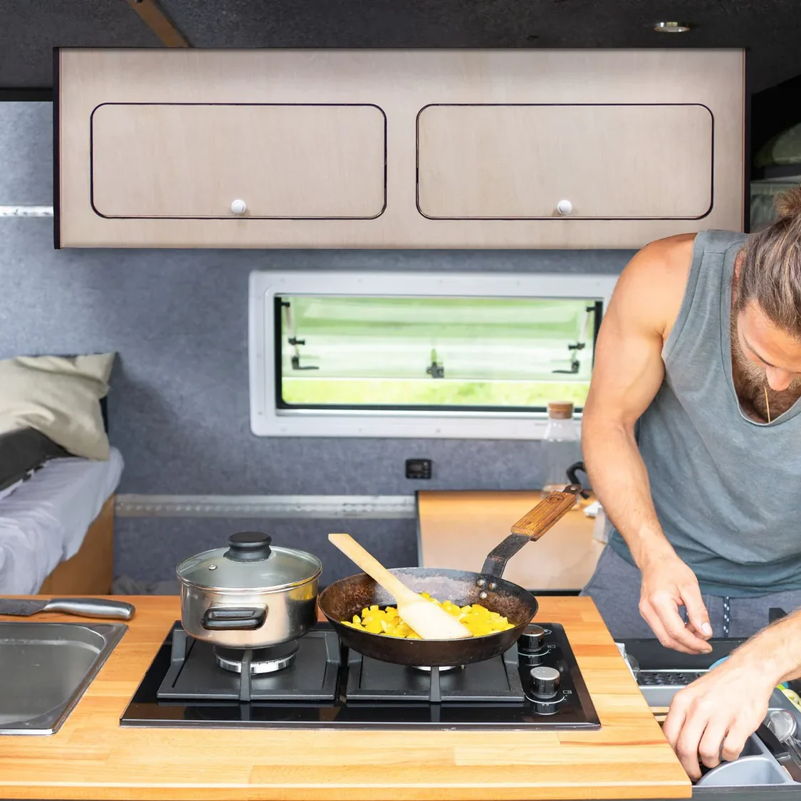 Overhead Camper Cabinet with Black Trim 120cm x 35cm x 35cm