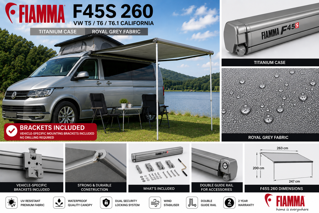 Fiamma F45s 260 VW T5/T6 T6.1 California Titanium Royal Grey - feature infographic