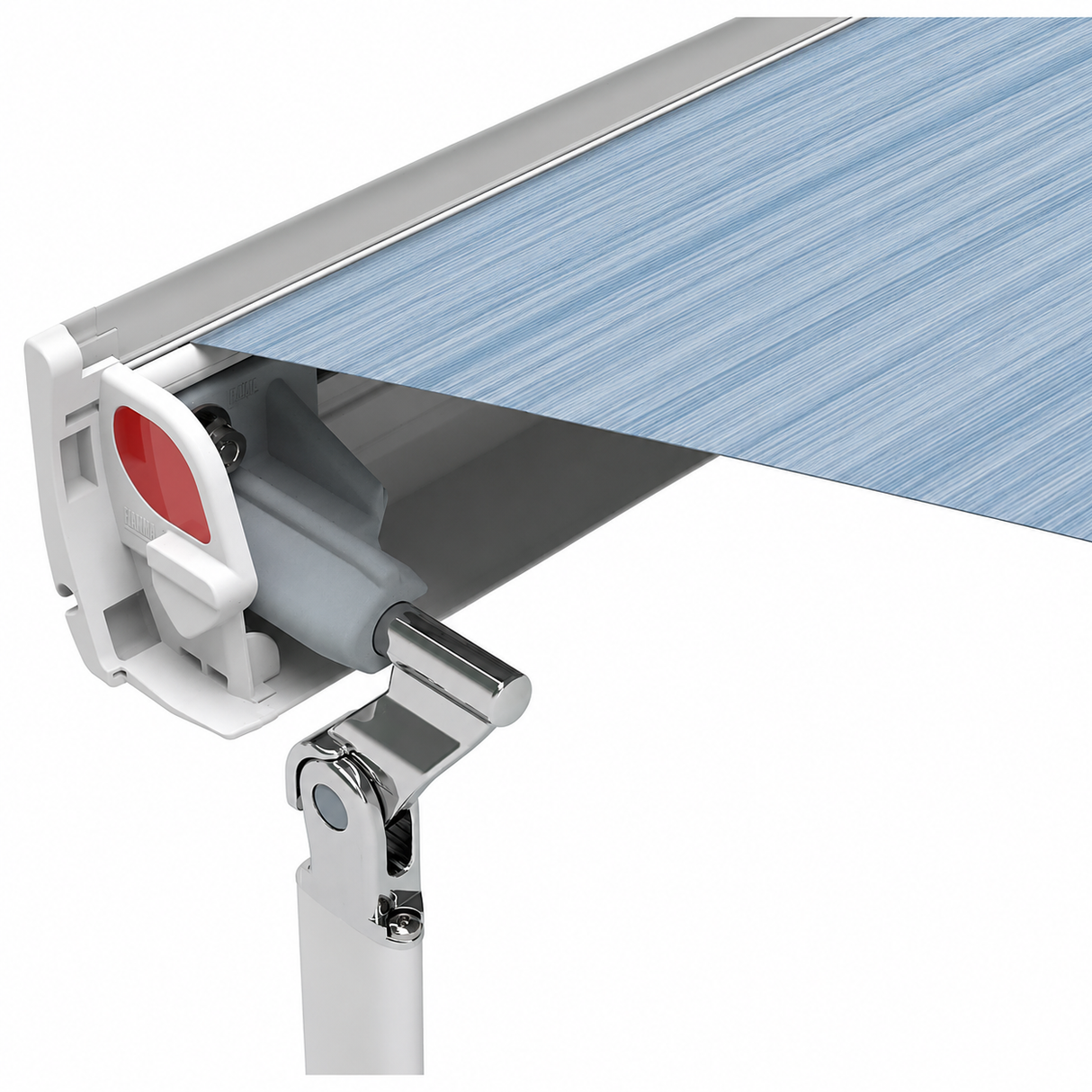 Fiamma F35 Pro 180 awning close-up showing Royal Blue canopy fabric and support leg mechanism