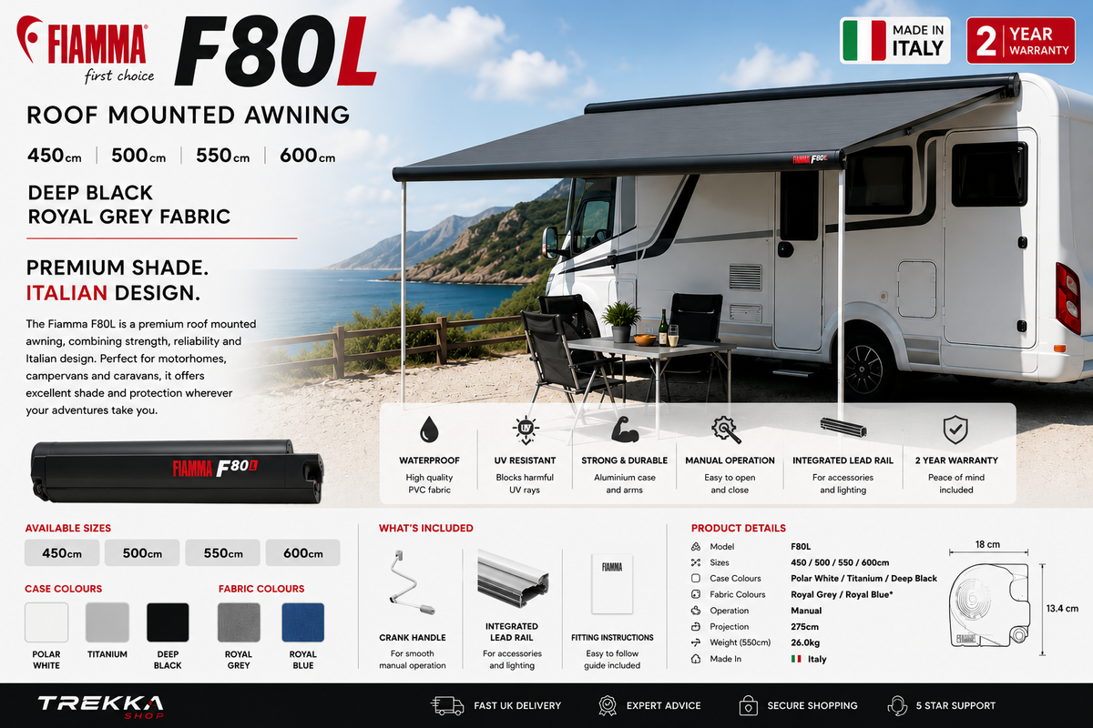Fiamma F80L Roof Mounted Awning | 450cm–600cm | Polar White, Titanium & Deep Black | Royal Grey & Royal Blue