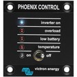 Victron Energy Phoenix Control Panel - Close-up showing inverter on, overload, low battery and temperature LED indicators with on/off toggle switch