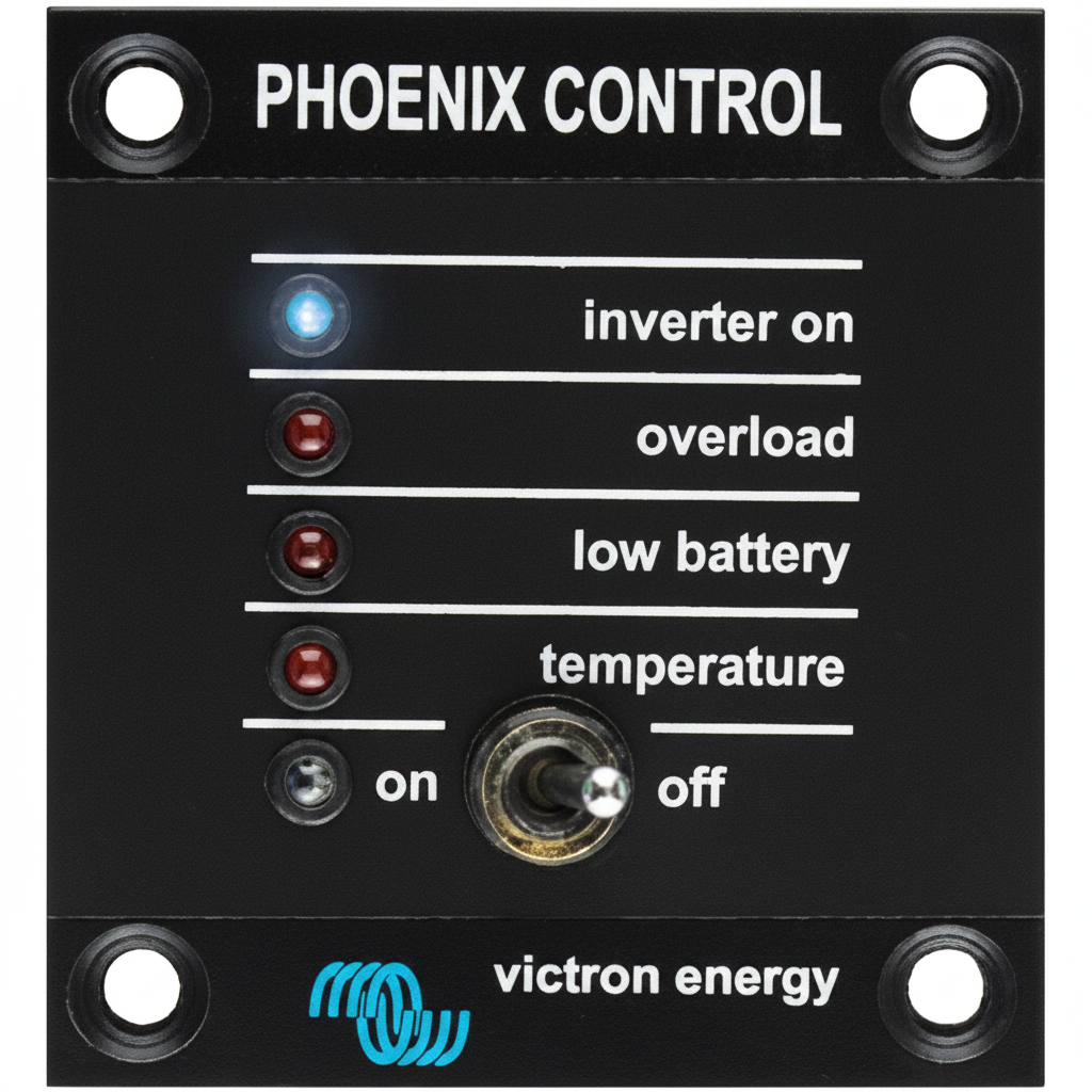 Victron Energy Phoenix Control Panel - Close-up showing inverter on, overload, low battery and temperature LED indicators with on/off toggle switch