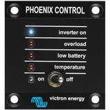 Victron Energy Phoenix Control Panel - Close-up showing inverter on, overload, low battery and temperature LED indicators with on/off toggle switch