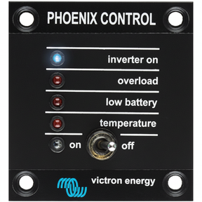 Victron Energy Phoenix Control Panel - Close-up showing inverter on, overload, low battery and temperature LED indicators with on/off toggle switch