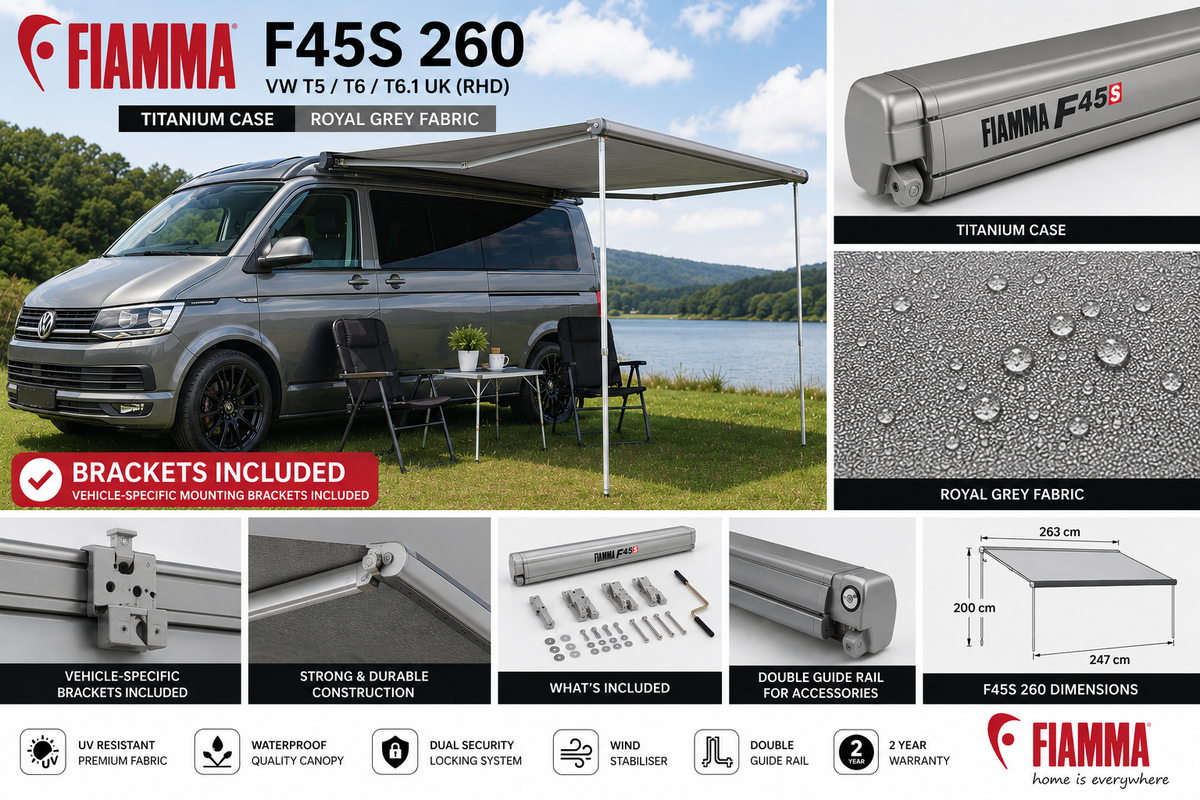 Fiamma F45s 260 VW T5/T6 T6.1 UK RHD Titanium Royal Grey - feature infographic
