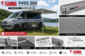 Fiamma F45s 260 VW T5/T6 T6.1 UK RHD Titanium Royal Grey - feature infographic
