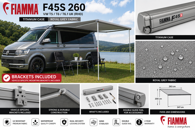 Fiamma F45s 260 VW T5/T6 T6.1 UK RHD Titanium Royal Grey - feature infographic