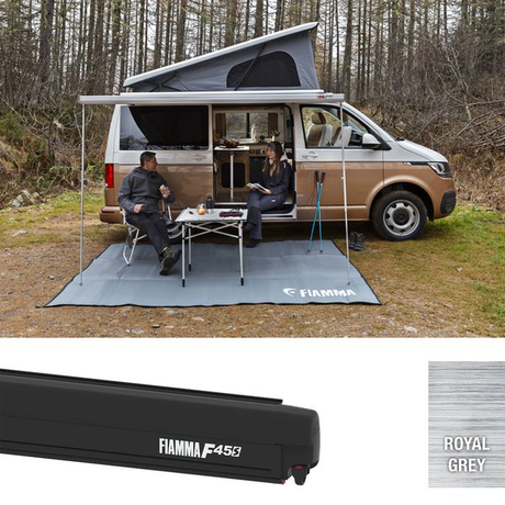 Fiamma F45s Deep Black Royal Grey awning on VW T6 campervan