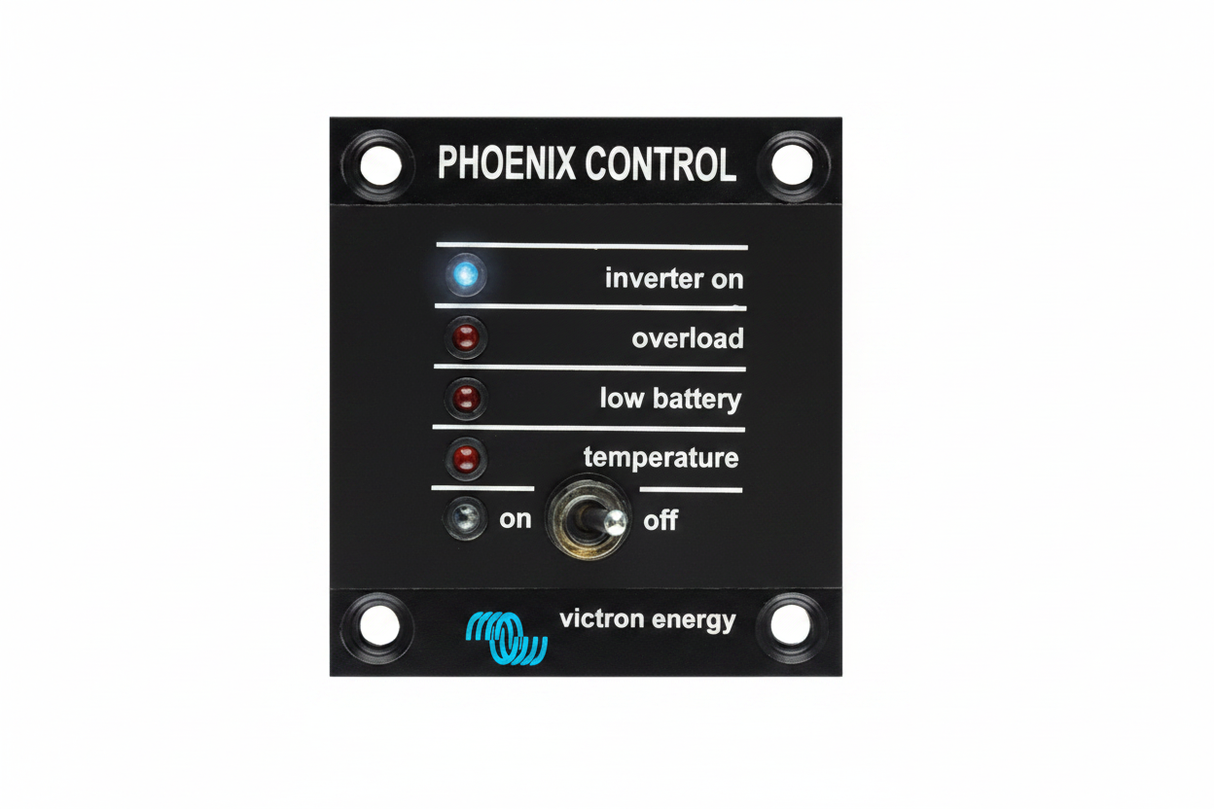 Victron Energy Phoenix Control Panel - Black panel showing inverter on, overload, low battery and temperature LED indicators with on/off toggle switch