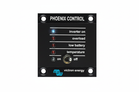 Victron Energy Phoenix Control Panel - Black panel showing inverter on, overload, low battery and temperature LED indicators with on/off toggle switch