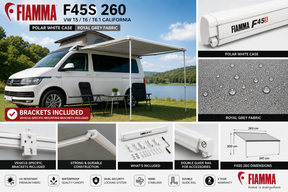 Fiamma F45s 260 VW T5/T6 T6.1 California Polar White Royal Grey - feature infographic
