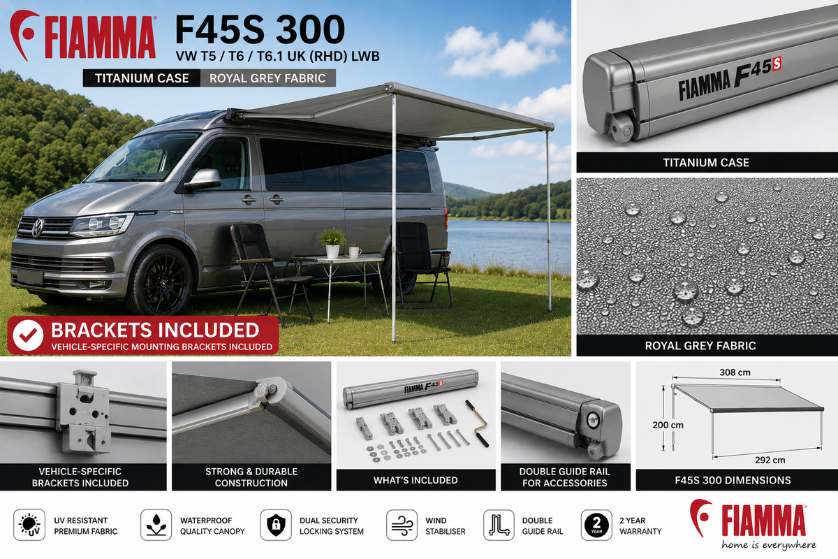 Fiamma F45s 300 VW T5/T6 T6.1 UK RHD LWB Titanium Royal Grey - feature infographic