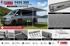 Fiamma F45s 300 VW T5/T6 T6.1 UK RHD LWB Titanium Royal Grey - feature infographic