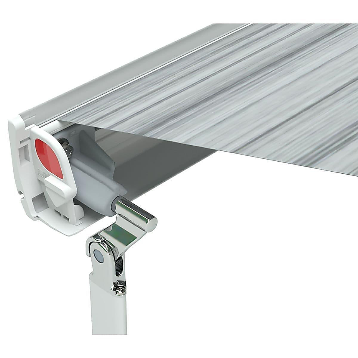 Fiamma F35 Pro awning close-up showing Royal Grey canopy fabric and support leg mechanism