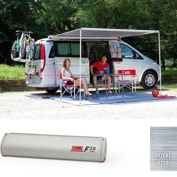 Fiamma F35 Pro 180 awning – Titanium case with Royal Blue canopy, lifestyle and product shot