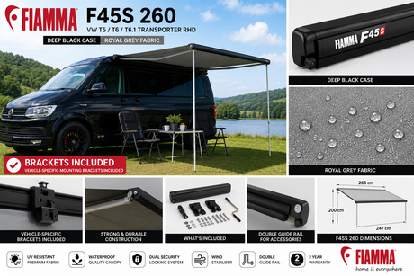 Fiamma F45s 260 VW T5/T6 T6.1 Transporter RHD Deep Black Royal Grey - feature infographic