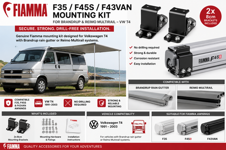 Fiamma F35 F45S F43VAN Mounting Kit for VW T4 Brandrup Reimo Multirail - feature infographic