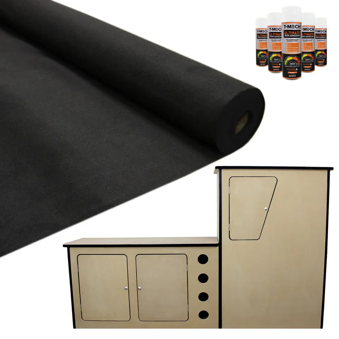 MDF Camper Van Kitchen Unit with Black 11sqm Black Van Lining & Glue