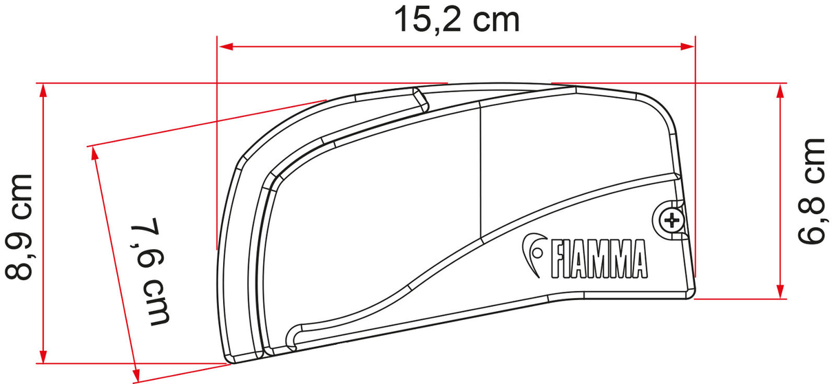 Fiamma F40van cassette cross-section dimensions – 15.2cm wide, 8.9cm tall, 7.6cm depth, 6.8cm height