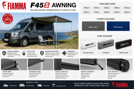 Fiamma F45S awning overview - available sizes, canopy colours, case colours and key features infographic