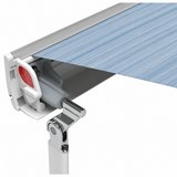 Fiamma F35 Pro 180 awning close-up showing Royal Blue canopy fabric and support leg mechanism
