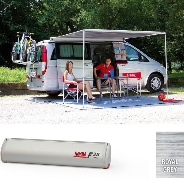 Fiamma F35 Pro awning extended on a campervan with Royal Grey canopy – lifestyle and product shot
