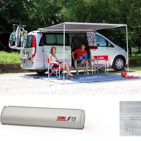 Fiamma F35 Pro awning extended on a campervan with Royal Grey canopy – lifestyle and product shot