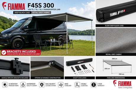 Fiamma F45s 300 VW T5/T6 T6.1 Transporter LWB Deep Black Royal Grey - full feature infographic