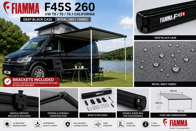 Fiamma F45s 260 VW T5/T6 T6.1 California Deep Black Royal Grey - feature infographic